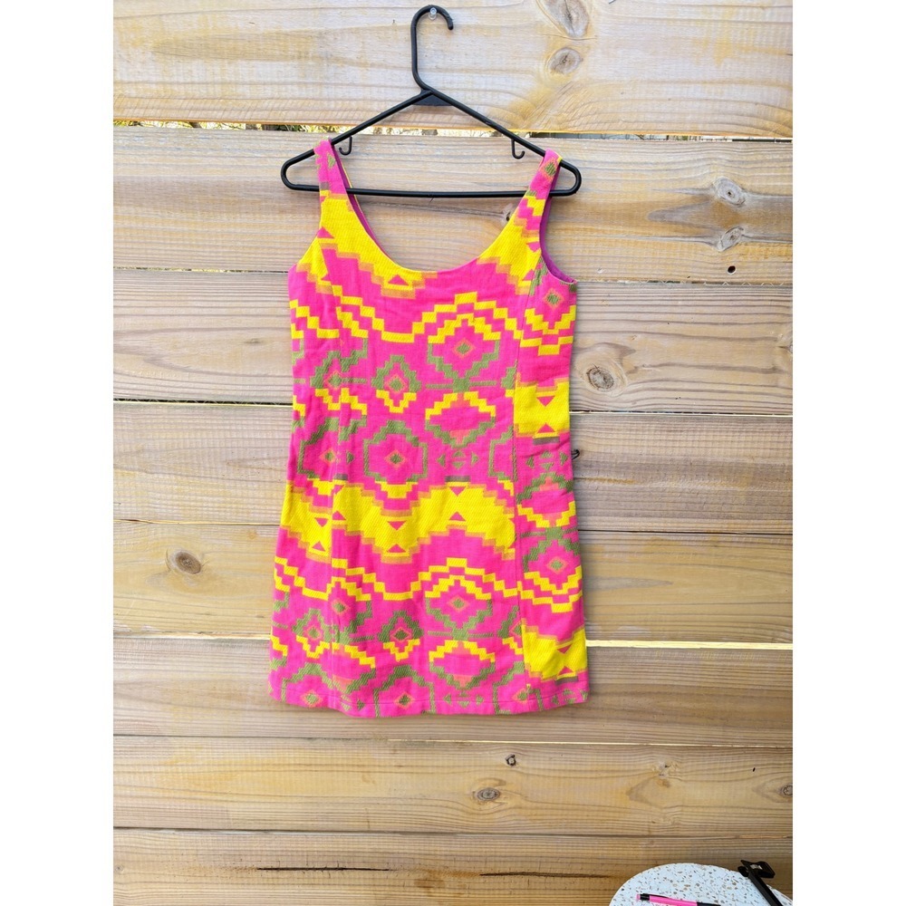 Judith March Pink Yellow Geometric Woven Sleeveless Mini Dress s Boho Festival